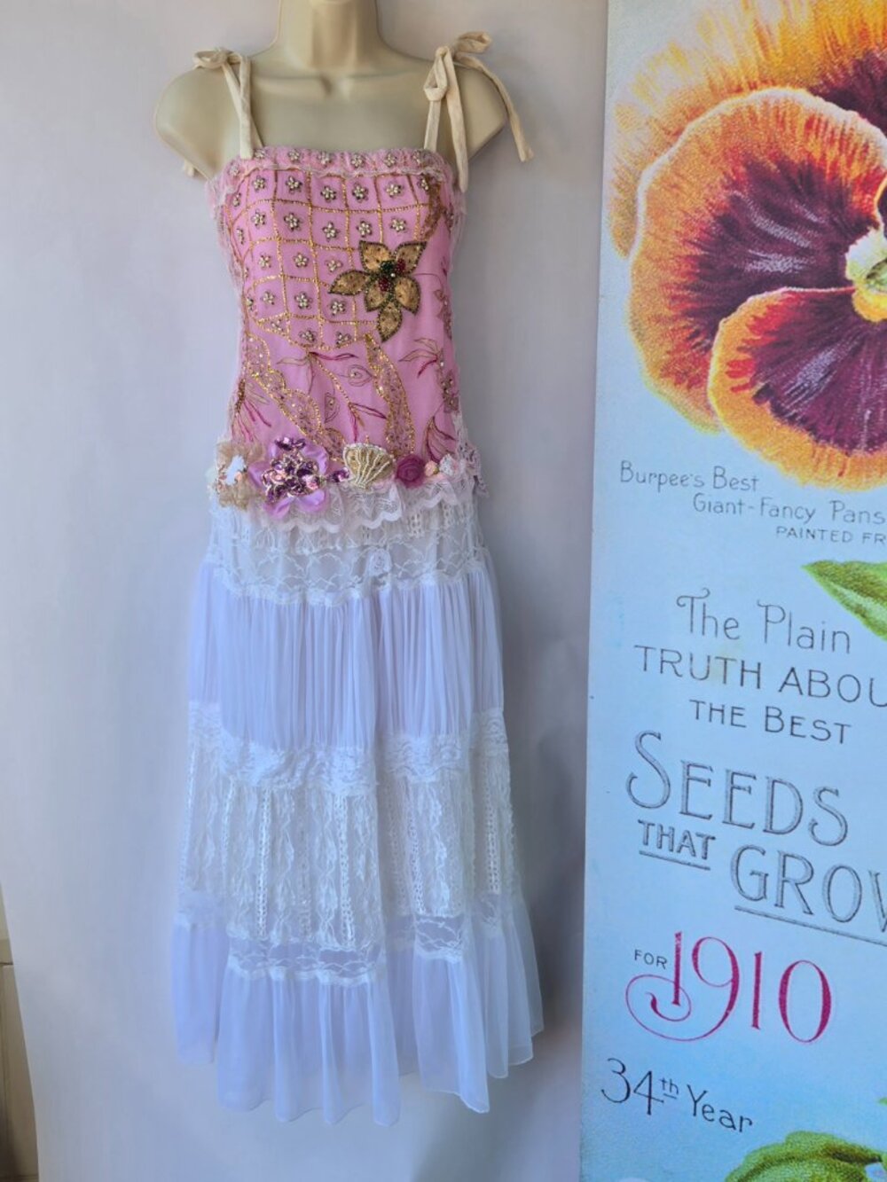 Handmade Cream Pink Gold Embroidered Lace Tube-Top Blouse Balletcore Style Med - Picture 7 of 13